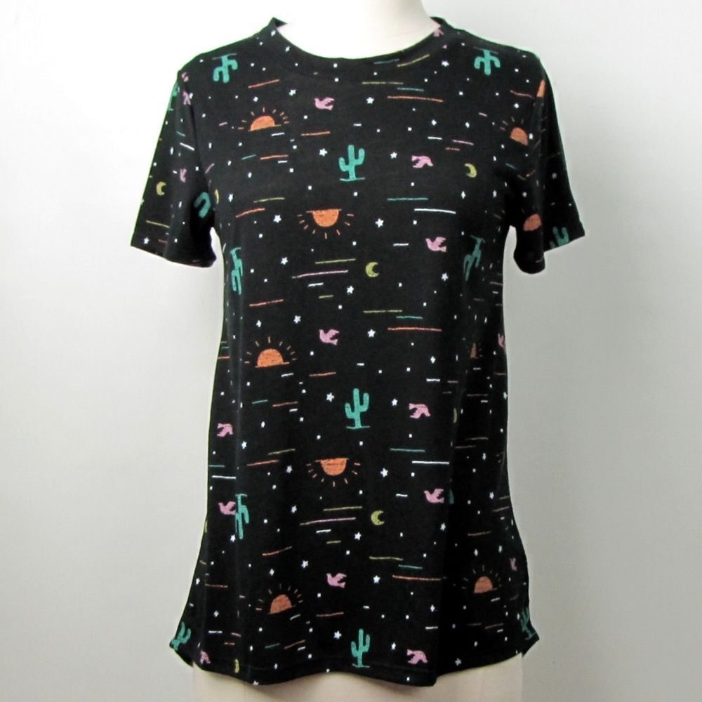 Modern Lux Black Cactus Sun Birds T-Shirt Small All Over Print ~ Boho Streetwear